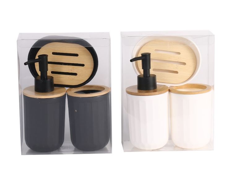 Set De Baño X3 Piezas De Plástico C/ Tapa  De Bambú 42910