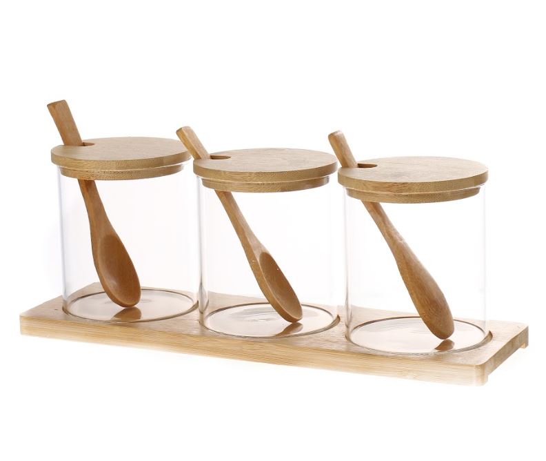 Set X3 Frascos Vidrio Especiero Tapa Madera Con Cuchara 51528 401