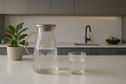 Set Botella De Vidrio 1,2L + 6 Vasos De Vidrio Color 230Ml